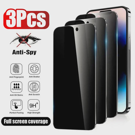 3x Privacy Screenprotector Anti-Spy Glas voor iPhone 11 t/m 17 Pro Max, Mini, Plus