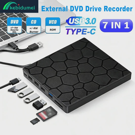 Externe DVD/CD Brander & Speler met USB 3.0 en Type-C - 7-in-1 Multifunctionele Drive