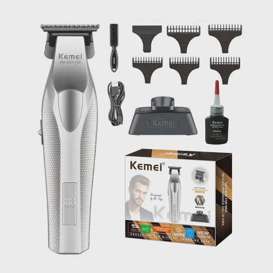 Kemei KM-3023-702 Professionele Draadloze Trimmer - 0MM Precisie, Krachtige 9000RPM Motor, LCD Display