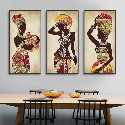 Set van 3 Afrikaanse Vrouwen Canvas Schilderijen - Vintage Wanddecoratie