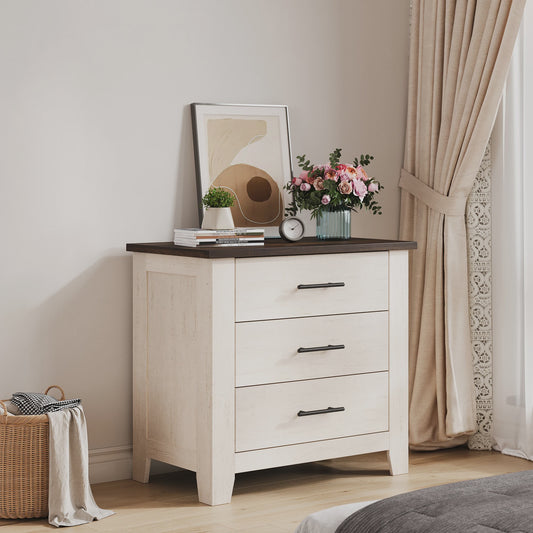 3-Laden Commode Wit Bruin - Compact Nachtkastje en Ladekast voor Slaapkamer/Woonkamer