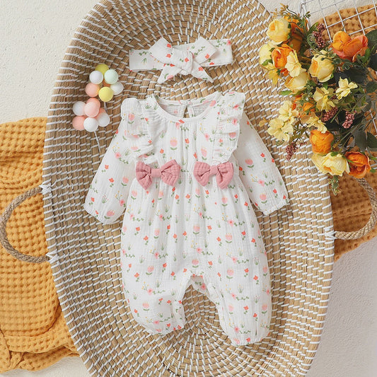 Schattige Baby Meisjes Jumpsuit met Bloemenprint, Lange Mouwen, Strikjes & Hoofdband - 0-6 Maanden