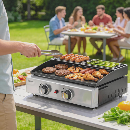 Outsunny Gas BBQ met 2 Branders, Grillplaat, Warmhoudrek en Vetopvangbak - Draagbaar