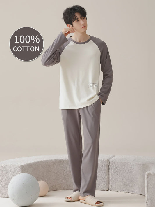 Heren Pyjama Set 100% Katoen Lange Mouw - Comfortabel Vier Seizoenen Thuispak voor Plus Size & Tieners