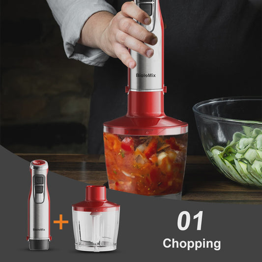 BioloMix Red 1200W 4-in-1 Hand Blender: Krachtige Staafmixer met Hakker & Smoothiebeker voor Babyvoeding en IJs