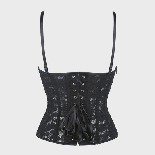 Zwart kanten korset top met mesh en ritssluiting - Sexy bustier voor feesten