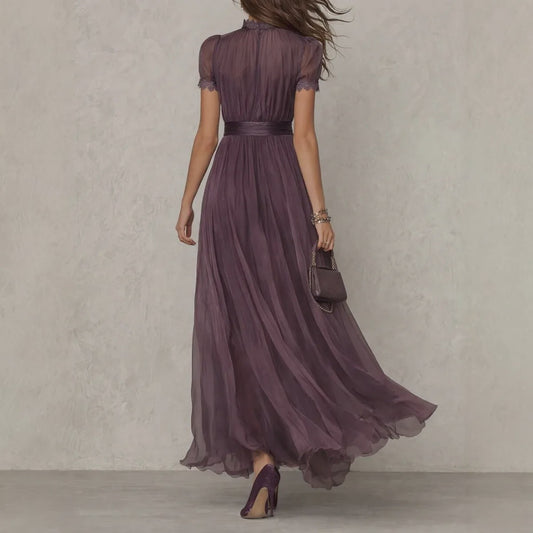 Elegante Lange Chiffon Jurk met Kant en Keyhole Hals - Dames Avondjurk