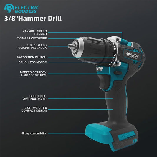 Krachtige Brushless Accuboormachine 1700 RPM - 10mm Klauw - Compatibel met Makita 18V Accu