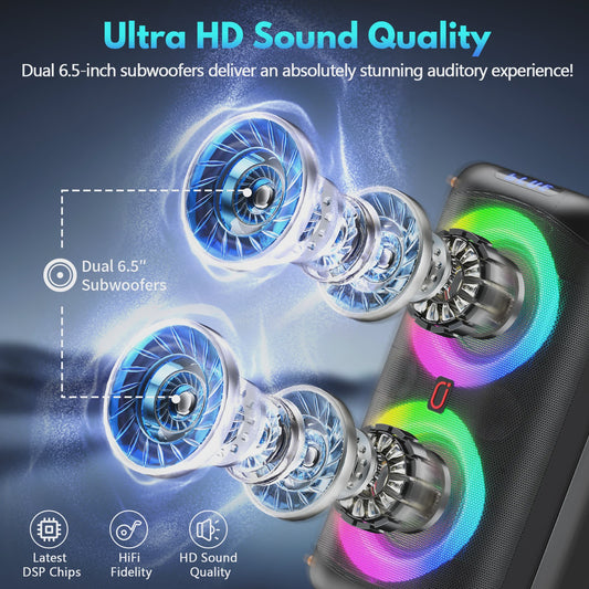 T27-T Karaoke Speaker met 2 Draadloze Microfoons, Krachtig Geluid, 360° DJ Lichtshow & Bluetooth