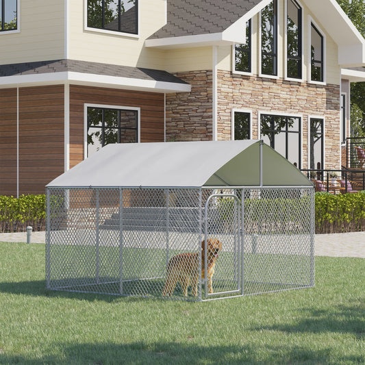 PawHut Grote Buitenren voor Honden met Dak - Gevl. Staal - 230x230x175 cm