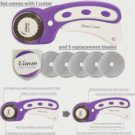 Professionele Rotary Cutter Set 45mm met Snijmat, Liniaal & Clips voor Naaien en Quilten
