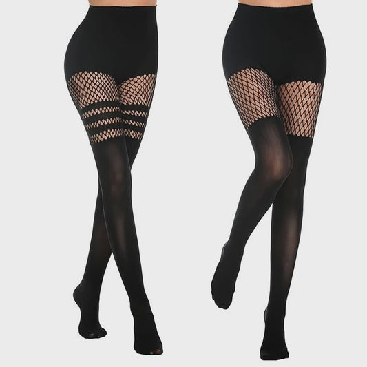 Zwarte Visnet Panty met Jarretellen en Holle Ontwerp - Sexy Nachtclub & Dans Tights