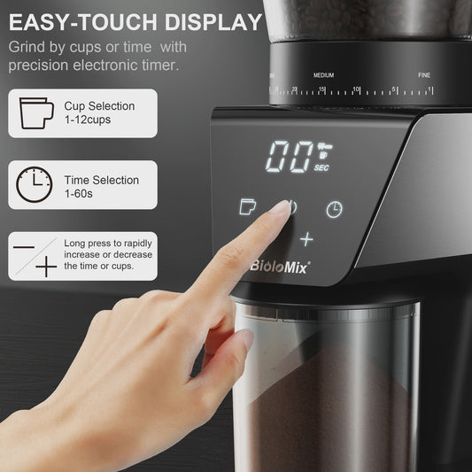 BioloMix Elektrische Koffiemolen met 30 Instellingen & Timer - Perfect voor Espresso, Filterkoffie & Meer