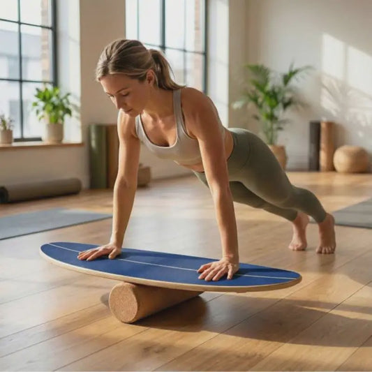 Houten Balance Board Trainer met Kurken Roller & Opbergrek - Blauw