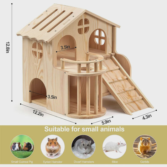 Dubbel Laags Houten Hamsterhuis met Hooirack en Antislip Trappetje