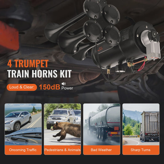 Krachtige 4-Trompet Lucht Hoorn Kit 150dB met 12V Compressor voor Vrachtwagens en Treinen