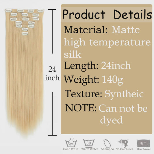 24 Inch Clip-in Haarverlenging - 7 Delig Set met 16 Clips - Synthetisch Recht Haar (Blond & Zwart)