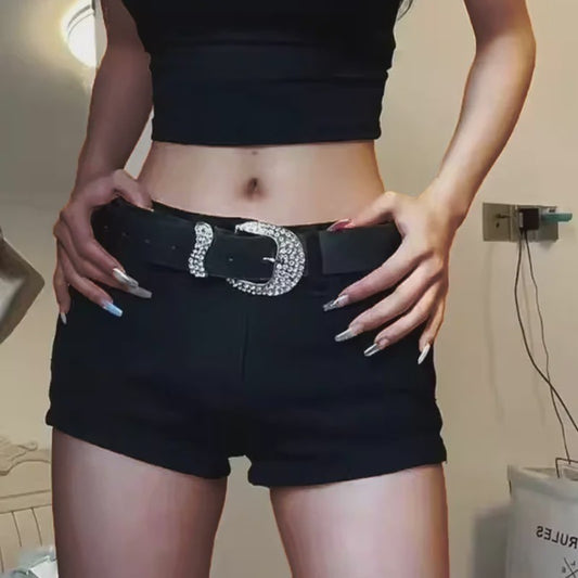 High Waist Straight Leg Denim Shorts Zwart - Y2k Streetwear Stijl