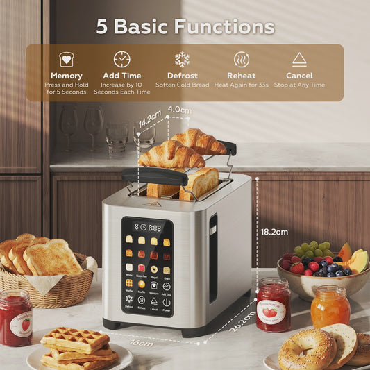 Patbrela Slimme Broodrooster met Broodrek - 2 Slices, Touchscreen & 6 Broodsoorten