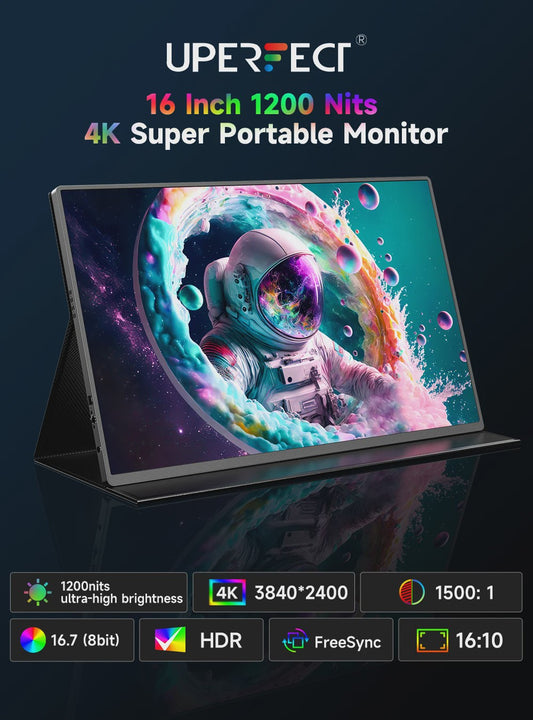 UPERFECT 16" 4K Draagbare Monitor - 1200 Nits, USB-C, HDMI, Ingebouwde Speakers & Standaard