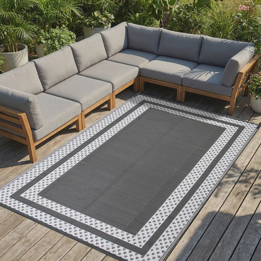 Outdoor Mat 6x9 ft met Grondpennen - Duurzaam PP, Grijs/Wit, voor Tuin, Camping & Strand