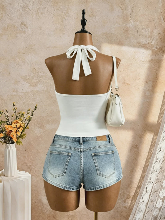 2-Pack Dames Crop Top met Halternek, Diepe V-hals en Ruches - Zomer Y2K Stijl