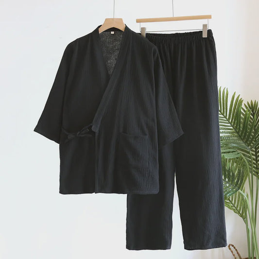 Luxe Katoenen Kimono Pyjama Set Heren - 2 Delig met Lange Broek en Zakken