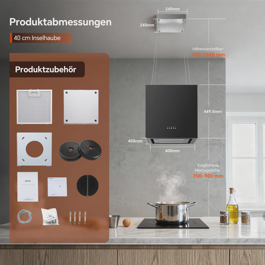Zwarte Eiland Afzuigkap 800m³/u, Energie A+, 5-laags Filter, LED, Zonder Afvoer, Drukknop Bediening