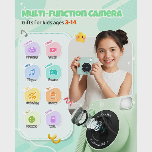 Direct Print Kinder Camera - 1080P HD Fotocamera met Instant Printer & Kleuren Prints