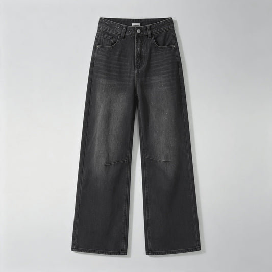 Dames Y2K Jeans met Strass en Wijde Pijpen - Zwart Gewassen Baggy Denim