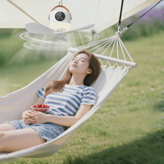 Oplaadbare Hangende Ventilator met 3600mAh Batterij, 4 Snelheden & 3 Lichtstanden - Draagbaar voor Camping & Reizen