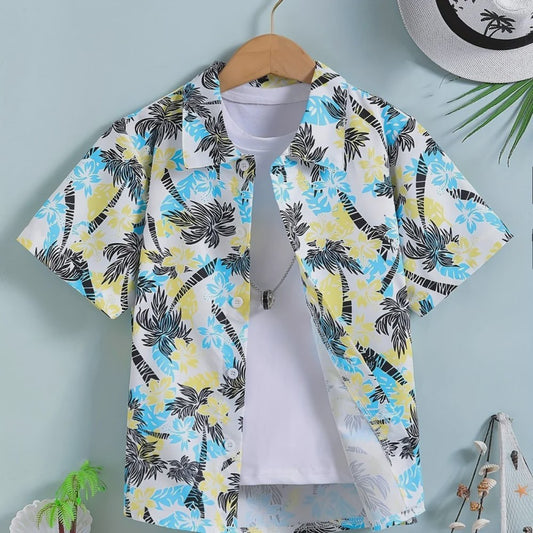Kinder Hawaii Blouse Korte Mouw met Palmbomen Print - Perfect voor Vakantie en Buitenplezier