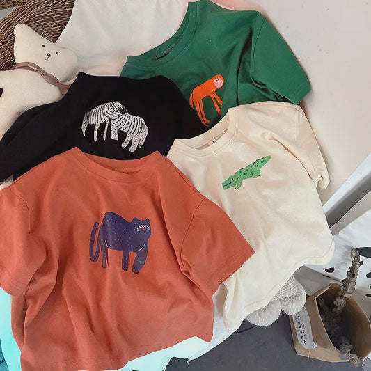 Trendy Kinder T-shirt met Dierenprint - Korte Mouw Zomer Kleding