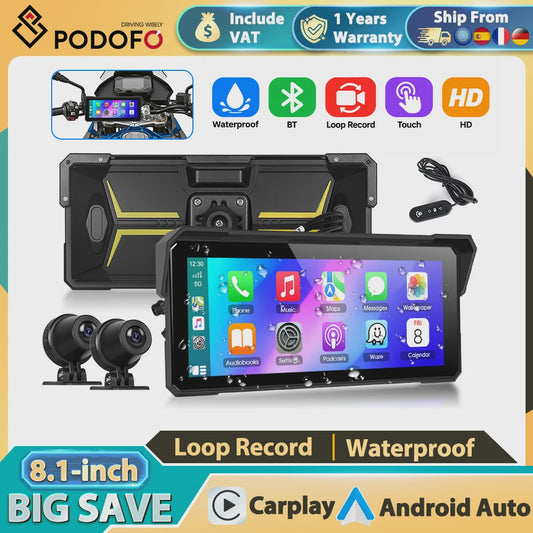 Podofo 8.1" Motorfiets Dashboard: Smart Player met CarPlay, Android Auto & Navigatie