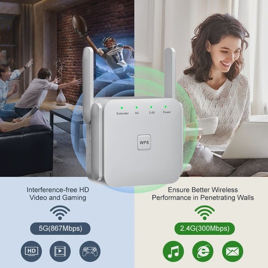 AC1200 WiFi Repeater Extender - 5GHz & 2.4GHz Dual-Band Booster voor Langere Afstand