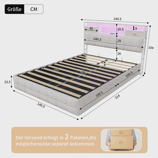 Boxspring Bed 140x200 met Hydraulische Opbergruimte en Multifunctioneel Hoofdbord - Velvet