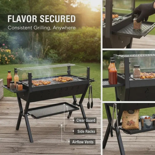 Stevige Zwarte Houtskool BBQ Grill met Windscherm en Kruidenrek - Perfect voor Tuinfeesten