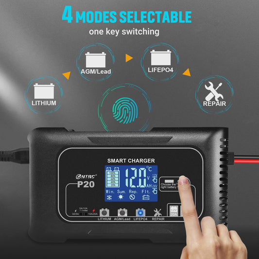 HTRC Slimme Acculader 12V/24V - Automatisch Laden & Reparatie voor Auto, Motor, LiFePO4, AGM
