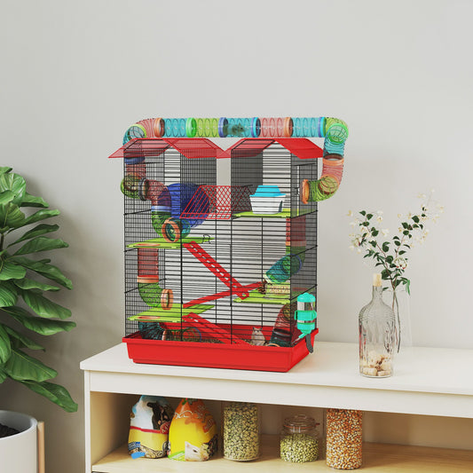 Grote Hamsterkooi met Tunnel, Loopwiel en Voerbak - 47x30x59 cm Rood