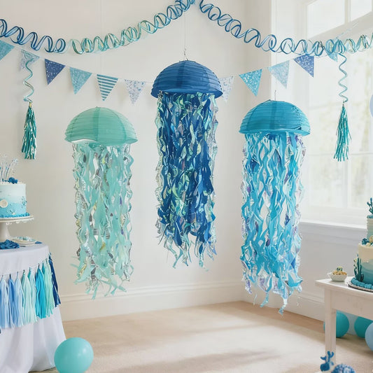 3x Blauwe Kwallen Lampionnen - Feestdecoratie Zee Thema Verjaardag & Babyshower