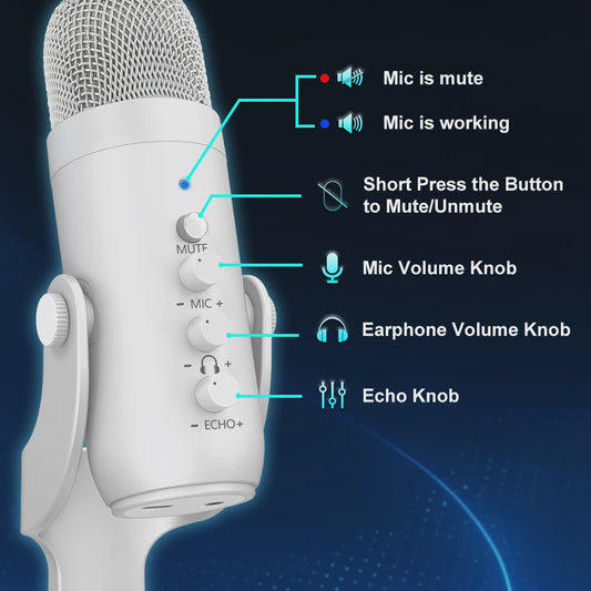 Professionele Witte USB Condensator Microfoon voor Studio, Gaming, Streaming & Podcasts