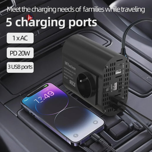 Krachtige 400W/500W/1500W Auto Omvormer: DC 12V naar AC 220V met 3x USB 2.0 en 1x USB QC3.0