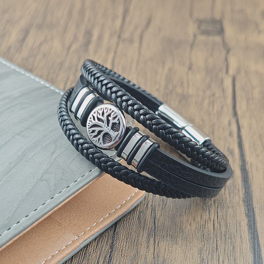 Heren Leren Armband met Levensboom & Roestvrij Staal - Stoer & Stijlvol