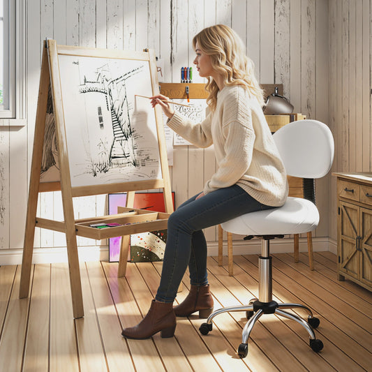 Verstelbare Zwenkstoel met Rugleuning en Wielen - Wit - Ideaal voor Salon & Studio