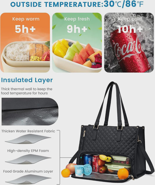 Luxe 2-in-1 Werk & Lunch Tote Bag - Geïsoleerd Compartiment, 15.6" Laptop, Waterafstotend