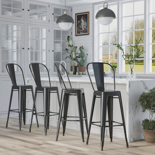 Homcom Set of 4 Metal Bar Stools High Stool Industrial Bar Chair with Backrest Seat Height 76.5 cm Black Metal