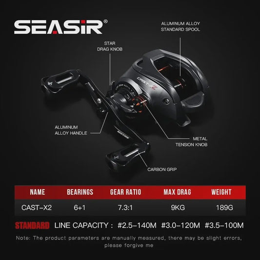 SEASIR Cast X2 Baitcasting Reel - 7.3:1 Versnelling, Keramische Lagers & Carbon Washer