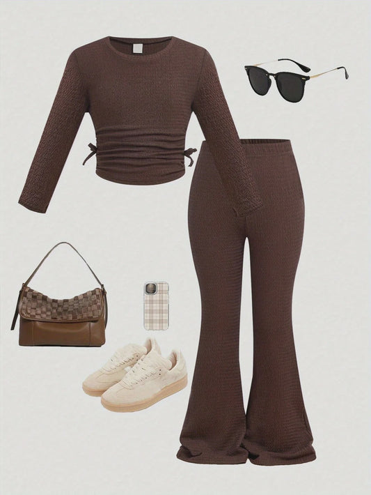 Kids Girls 2 Piece Brown Waffle Knit Ruched Drawstring Crop Top & Flare Pants Set Casual Daily Outfit