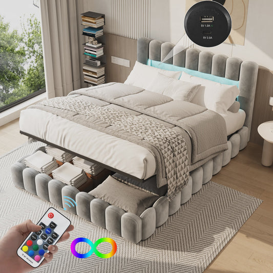 Luxe Gestoffeerd Dubbel Bed met LED Verlichting en USB Poort - Zonder Matras