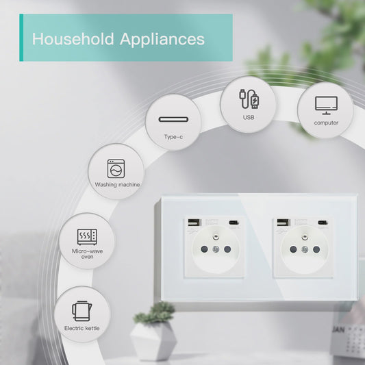 BSEED Wandcontactdoos met Dubbele USB & Type-C Poorten - Stijlvol Glazen Frame